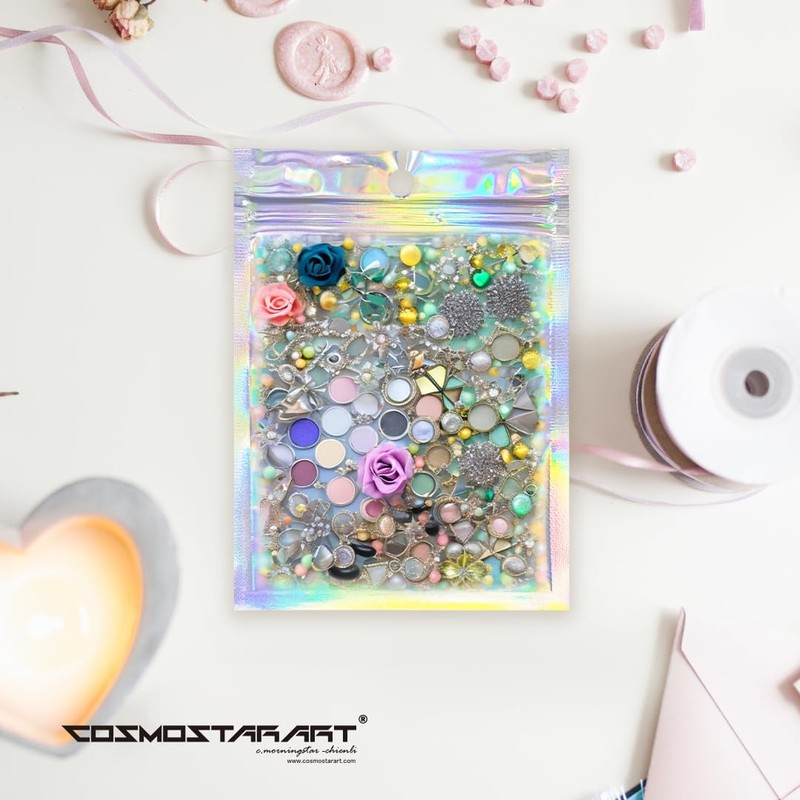COSMOSTARART 100 Pack Holographic Resealable Bags, Clear Front Mylar Ziplock