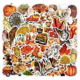 50Pcs Thanksgiving Fall Sticker Pack, Autumn Forest Pumpkin Maple Leaf Stickers for Water Bottle Bike Laptop Luggage Guitar, Thanksgiving Harvest Decal for Adult Teen Kid Fall Party Decoration