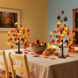 2 Pack Fall Tree with Lights, USB/Battery Powered Fall Eucalyptus Maple Tree, 2FT Lighted Autumn Tree Fall Decorations for Home, Thanksgiving Decorations for Tabletop Indoor Mantel Centerpieces, Timer