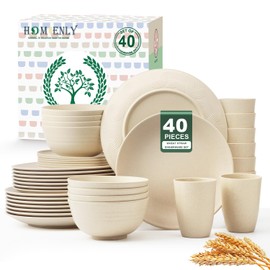 Homienly 40 PCS Dinnerware Set Service for 8, Kitchen Wheat Straw Dinnerware Set Unbreakable - Plates Set, Bowls Set,Cups Set, Microwave and Dishwasher Safe Dish Set for Dinner, Outdoor(Beige)