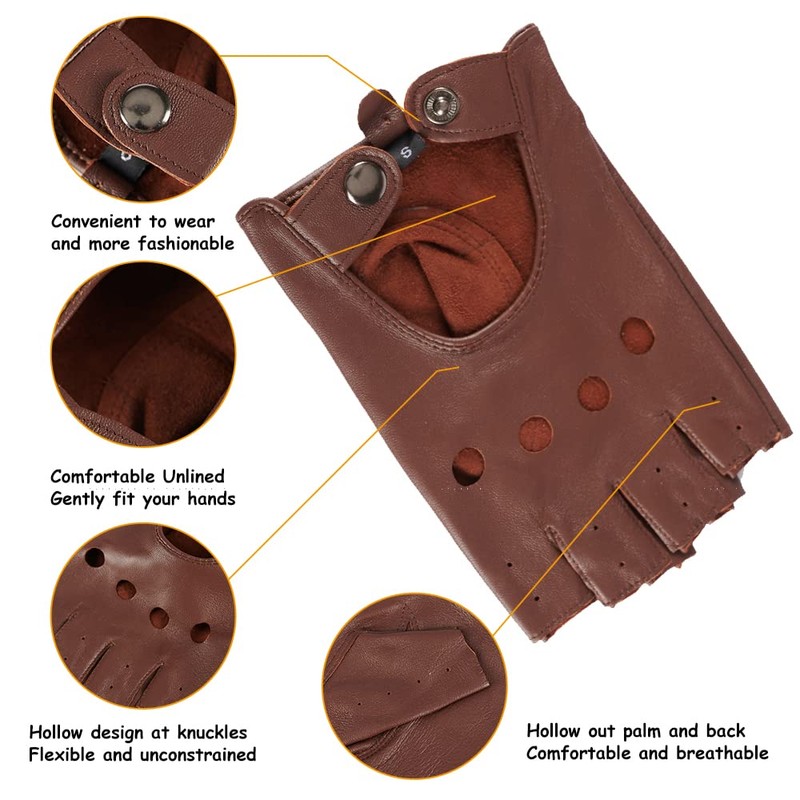 MGGMOKAY Fingerless Men's Half Finger Leather Drivers Gloves, Saddle.