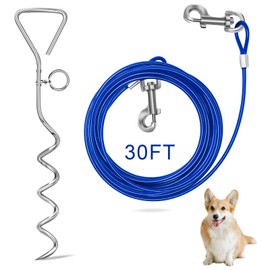 Relux Dog Tie Out Cable and Stake, 30FT Outdoor Dog Leash for Yard Training, Running, Hiking,Camping,with 16 Inch Heavy Duty Dog Anchor Spiral Stake for Small to Medium Dogs(Blue)