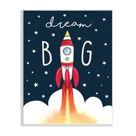 Stupell Industries Dream Big Sentiment Rocket Blast Off Starry Clouds, Designed by Elizabeth Tyndall Wall Plaque, 10 x 15, Blue