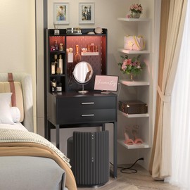 Besiost Small Vanity Desk with Hutch and Drawers, Black Makeup Vanity Desk with Charging Station, Vanity Table Dressing Table with LED Lights, Vanity Desk No Mirror with Pegboard for Girls Women, 24"