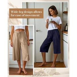 Locoowai 3 Pack Women's Capri Pants, Casual Wide Leg Yoga Pants High Waist Drawstring Cropped Lounge Trousers with Pockets(Black, Navy, Khaki,XX-Large)