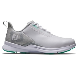 FootJoy Fuel Womens Spikeless Laced Golf Shoe, White/Grey/Mint, 8.5