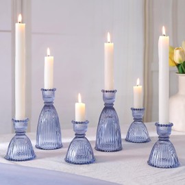 6 Pcs Blue Glass Candlestick Holders (3.5"/6", Assorted)- Tall Taper Candle Holders with Vintage Design, Candle Stick Holders in Bulk for Party Decorations, Blue Candle Holder for Tapered Candles