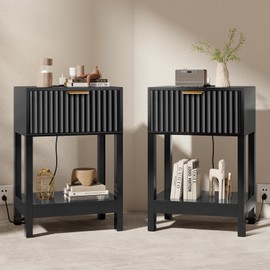 Nasonet Night Stand Set 2, Fluted Nightstand with Charging Station, Wood Bedside Table with Drawer & Storage Shelf, Modern End Tables for Bedroom Sofa Couch Office, Black