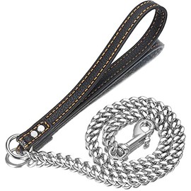 Aiyidi Strong Gold/Silver Dog Chain Leash 3FT 4FT 5FT Stainless Steel 12mm Curb Cuban Link Dog Leash Training Walking with Comfortable Genuine Leather Handle for Large, Medium Small Dogs (Silver, 4FT)