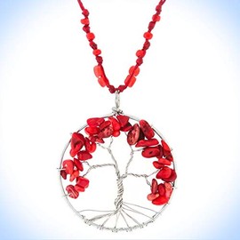 2 5/16" Necklace Tree Of Life Wire-Wrap Red Coral Chips Pendant Unique Chic Crystal Rhinestone Elegant Jewelry Necklace For Women