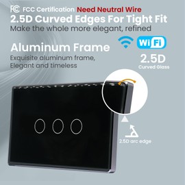 LOUYSGEN Smart Light Switch,3-Button,Aluminum Frame, Neutral Required,2.4GHz, Tuya Smart Life App,Voice Control,2.5D Curved-Edge Tempered Glass Panel,Black