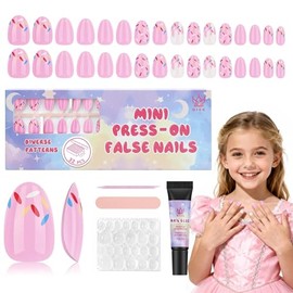 Kit de uñas postizas Qiek de 16 tamaños para niñas: 32 puntas de uñas postizas francesas almendradas para niñas de 8 a 12 años con adhesivos de uñas d