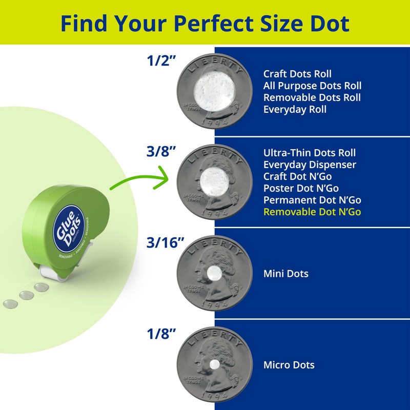 Glue Dots, Removable Dots Dot N' Go Dispenser, Double-Sided, 3/8",