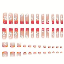 48 Pcs Press on Nails Long Square & Press on Toenails Set, French Tip Fake Nails with Flower Design Glue on Nails, Ombre False Toenails Glossy Full Cover Stick on Toe Nails for Women