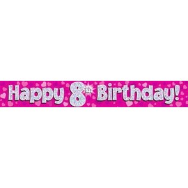 9ft Pink & Silver Hearts Holographic Happy 8th Birthday Banner (2.7m length)