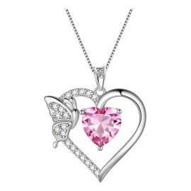 Collar Cadena De Plata 925 Con Dije De Corazón Para Mujer Color Rosa - Octubre