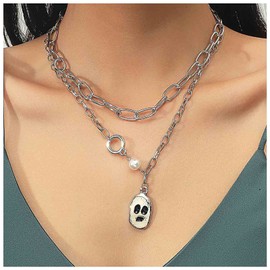 Andelaisi Boho Layered Paperclip Chain Necklace Vintage Ghost Pendant Necklace Silver Pearl Necklace Choker Punk Ghost Face Choker Necklace Jewelry for Women