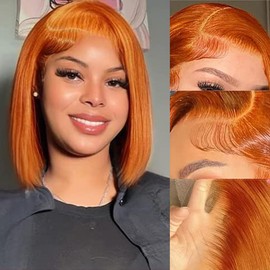 TONGMAY Ginger Bob Wig 8 Inch Glueless Wigs Human Hair Pre Plucked 180% Density Short Straight Ginger Frontal Bob Wig for Women 13x4 HD Lace Front Wigs Human Hair