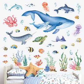 wondever Under The Sea Wall Stickers Ocean Fish Whale Seaweed Peel and Stick Wall Art Decals for Kids Bedroom Baby Nursery Bathroom Decor