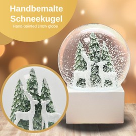 Christmas Snow Globe, 2 White Deer in Front of Christmas Tree, Base White Square, Height 12 cm, Width 10 cm, Shaking Ball Hut Magic | 20296