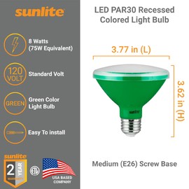 Sunlite 81473 LED PAR30 Short Neck Colored Recessed Light Bulb, 8 Watt (75W Equivalent), Medium (E26) Base, Floodlight, ETL Listed, Green, 1 Count