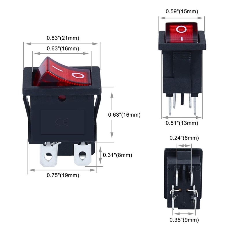 RuoFeng KCD1-104N ON-OFF 4 Pin 2 Position Red LED Light