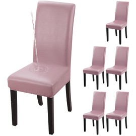 YISUN Waterproof Dining Chair Covers, Pu Leather Chair Cover Stretch Dining Room Chair Slipcovers Washable Removable Kitchen Chair Protector for Dining Room (6, Rosy Brown)