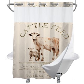 Final Friday Farmhouse Abstract Animal Cattle Feed Cow Rustic Theme No Hook Waffle Weave Shower Curtain with Snap in Liner Polyester Fabric Bathroom Decor Set 72 W x 74 H Inch Ivory White Teal