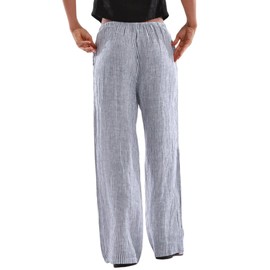 Amazhiyu Women's 100% Linen Striped Drawstring Elastic Waist Wide Leg Pants Navy, Medium