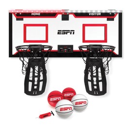 ESPN Mini Basketball Hoop, Over The Door Basketball Hoop with 2 Foldable Breakaway Rims and Ball Return for Two Player Games, Includes 4 Mini Basketballs and Pump, Makes Great