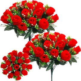 Riceshoot 2 Bouquets Cemetery Flowers 18 Heads Artificial Flowers for Cemetery Silk Grave Faux Roses Arrangements for Headstones Tombstone Decorations Memorial Day Graves Summer(Red)