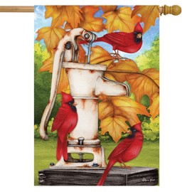 Briarwood Lane Water Pump and Cardinals Fall House Flag Autumn Leaves 28" x 40"