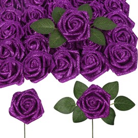 Uznaeoi Foam Roses,50PCS Purple Glitter Roses Artificial Flowers 2.76" Fake Roses with Stem for Wedding Christmas DIY Wreath Home Table Floral Arrangement(Purple)