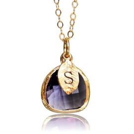 Susabella Amethyst Necklace, February Birthstone Jewelry, Birth Month Gemstone, Bridesmaid Gift, Custom Initial on Leaf Charm, Gift for Her