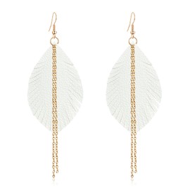 KVANU Handmade Bohemian Lightweight Soft Leather Leaf Dangle Drop Earrings Minimalist Fashion Fringe Chain Feather Hook Earrings for Women (Style-2-White)