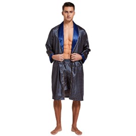 Tony & Candice Men's Satin Robe Lightweight Long Sleeve Silk Kimono Bathrobe with Shorts Set Sleepwear (Medium, Blue/Golden)