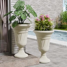 FONTOI 23.6" Tall Plastic Urn Planter (2-Pack) –Planters for Outdoor Plants with Drainage Holes & Trophy Design, Heavy-Duty Classic Indoor Large Flower Pots for Home Garden, Front Porch & Decor, White