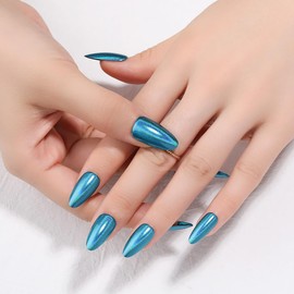 XZMeiLun 24Pcs Blue Holographic Acrylic Press on Nails Short Almond - Reusable Fake Nails with Nail Glue Kit, Long Lasting Chameleon Static Nails for Women Daily Wear & Parties (Glossy Laser Design)