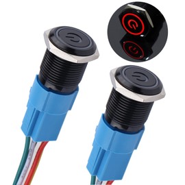 DMWD 2Pcs 16mm Metal Latching Push Button Switch 12V-24V ON/Off 1NO 1NC Waterproof IP66 Black Shell with Pre-Wired Socket for 5/8’’ Mounting Hole Power Symbol (Red LED)