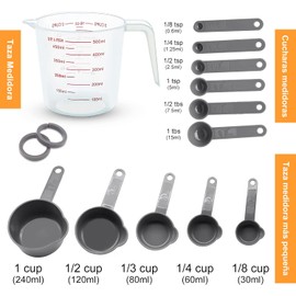13 PCS Cucharas Medidoras y Tazas Medidoras, con Embudo Plegable (Gris) Set de Tazas y Cucharas Medidoras con Mangos, Apilables, Herramientas de Medición de Cocina para Medir Líquidos y Condimento
