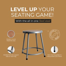 OEF Furnishings EasyBuild Stool – Heavy-Duty 18-Gauge Steel Frame, Round Masonite Seat, Welded Footrest Support, Non-Marring Glides – 18" Stool Seat Height, Grey