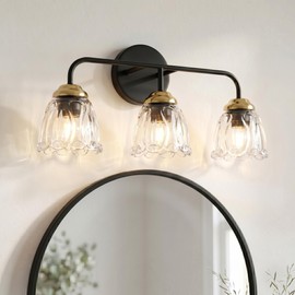 Helitemis 3-Light Bathroom Vintage Vanity Light Fixtures, Bathroom Wall Light with Flower Glass Shades Over Mirror, Black and Gold Vanity Light for Bathroom Mirror Dressing Room Bedroom Hallway