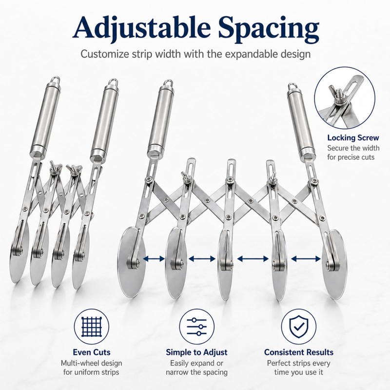 Wheel Adjustable Pasta Cutter with Handle - Stainless Steel Multi-Tool