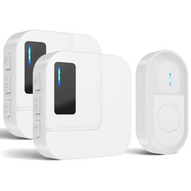 SURFOU Wireless Doorbell, Outdoor Waterproof Front Door Bell, 300 m Wireless Range with 2 Plug-in Receivers and 1 Transmitter, 55 Loud Melodies, 5 Volume Levels, LED Flashing, White