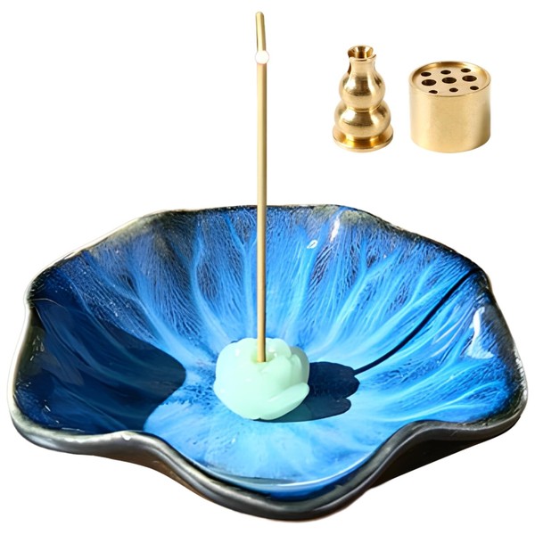 Ceramic Incense Cones Holder, Lotus Leaf Tray with Flower Incense