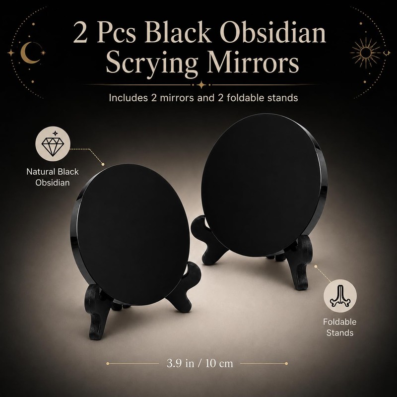 2 Pcs Black Obsidian Scrying Mirrors with Stands, 3.9 in