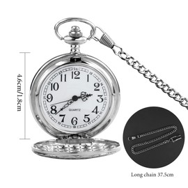 JSMTKJ Pocket Watch, Vintage Pocket Watch with Chain, Arabic Numerals Quartz Pocket Watch for Men Women Father Grandpa Birthday Anniversary, silver, Vintage