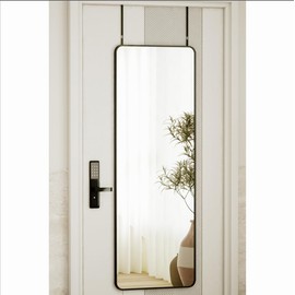 VooBang 14"x48" Full Length Over The Door Mirror, Aluminum Alloy Frame Full Body Mirror with Height-Adjustable Hangers, Hanging Leaning Against Wall for Dorm, Black