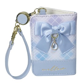 Pass Case with Reel for Girls Folding Ribbon Checkered School Commute to Work (Light Blue)