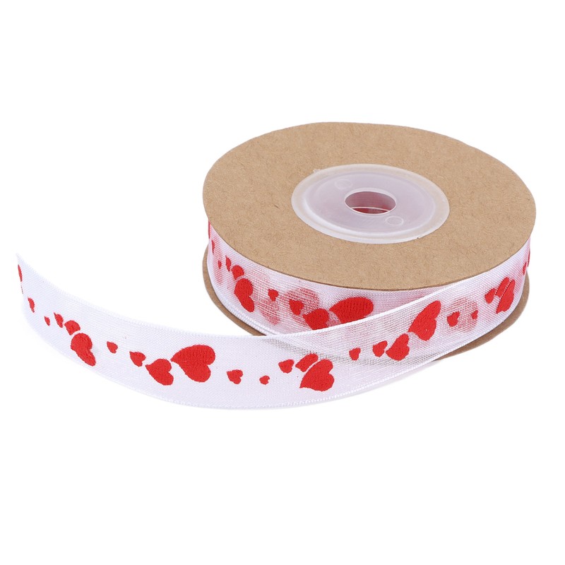 2pcs Red Ribbon 1.5cm/0.6in Wide Heart Pattern Packaging Ribbons DIY